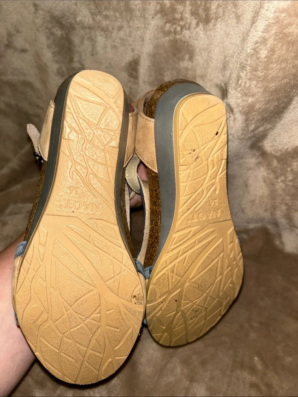 Naot Fiona Israeli Two-Tone Tan Gray Suede Leather Metallic Wedge Sandals EU 36